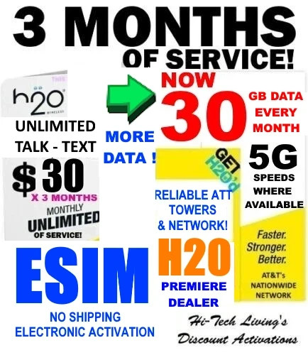 E-SIM H2O H20 WIRELESS ✅  ESIM ACTIVATION ⭐ 3 MONTHS x $30 Plan ⭐ UNLIMITED T/T