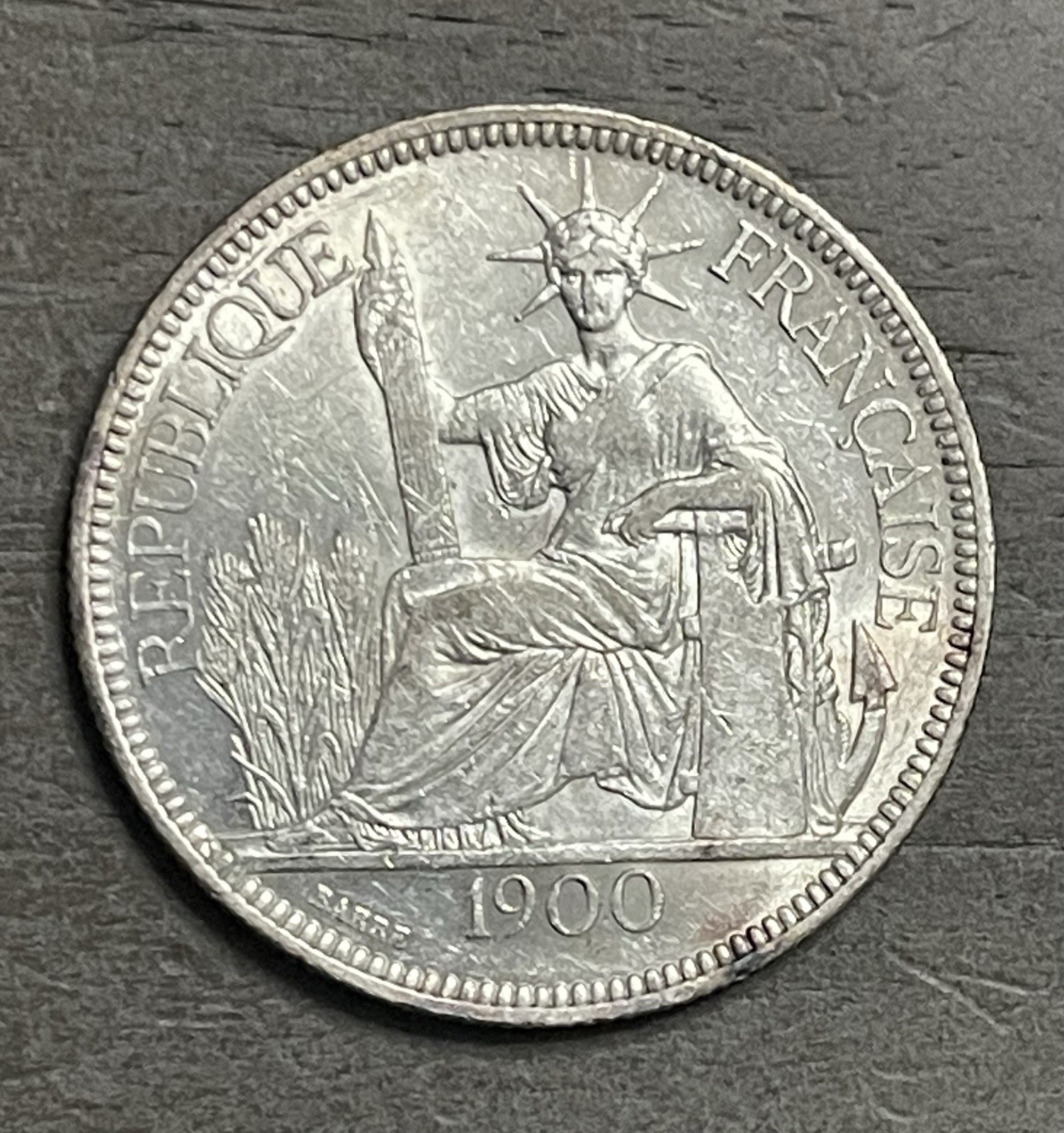 1900 French Indo-China Silver Piastre de Commerce - AU/XF Details - Toned⁠ #KH13