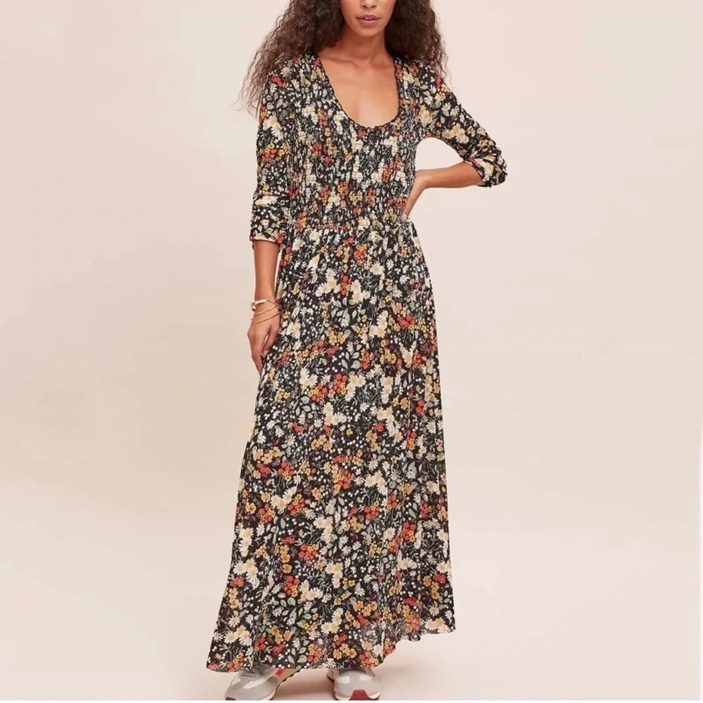 Anthropologie Maeve Omya Maxi Dress Floral Smocked Size XS