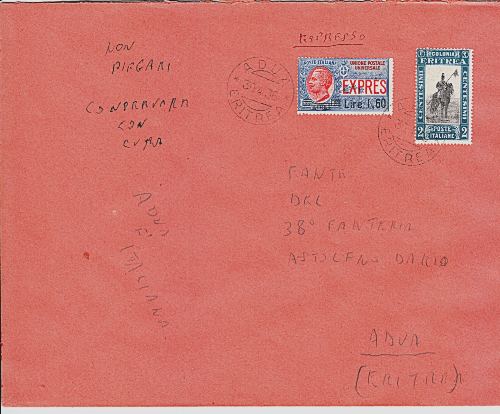 ERITREAN COLONY ADUA 1936 EXPRESS MIXED POSTAGE ERITREAN KINGDOM ERITREAN COLONY ADUA 1936 EXPRESS MIXED POSTAGE ERITREAN KINGDOM