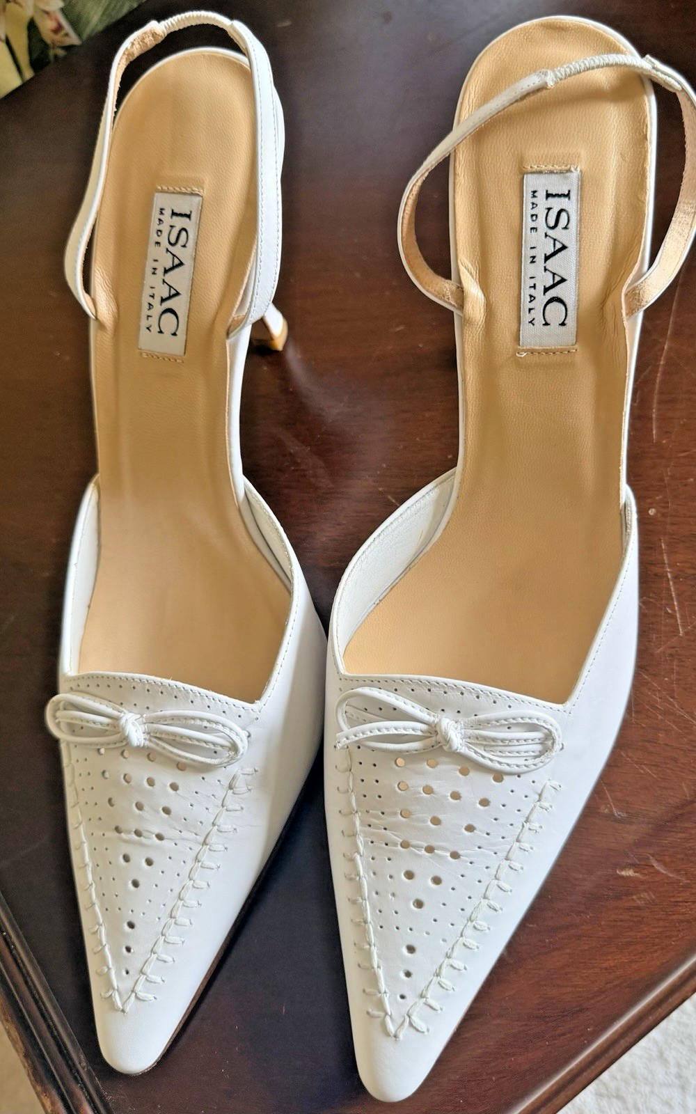 ISAAC VINTAGE WHITE LEATHER SLINGBACK HEELS POINTED TOE BOW SLIP ON SIZE 11 B