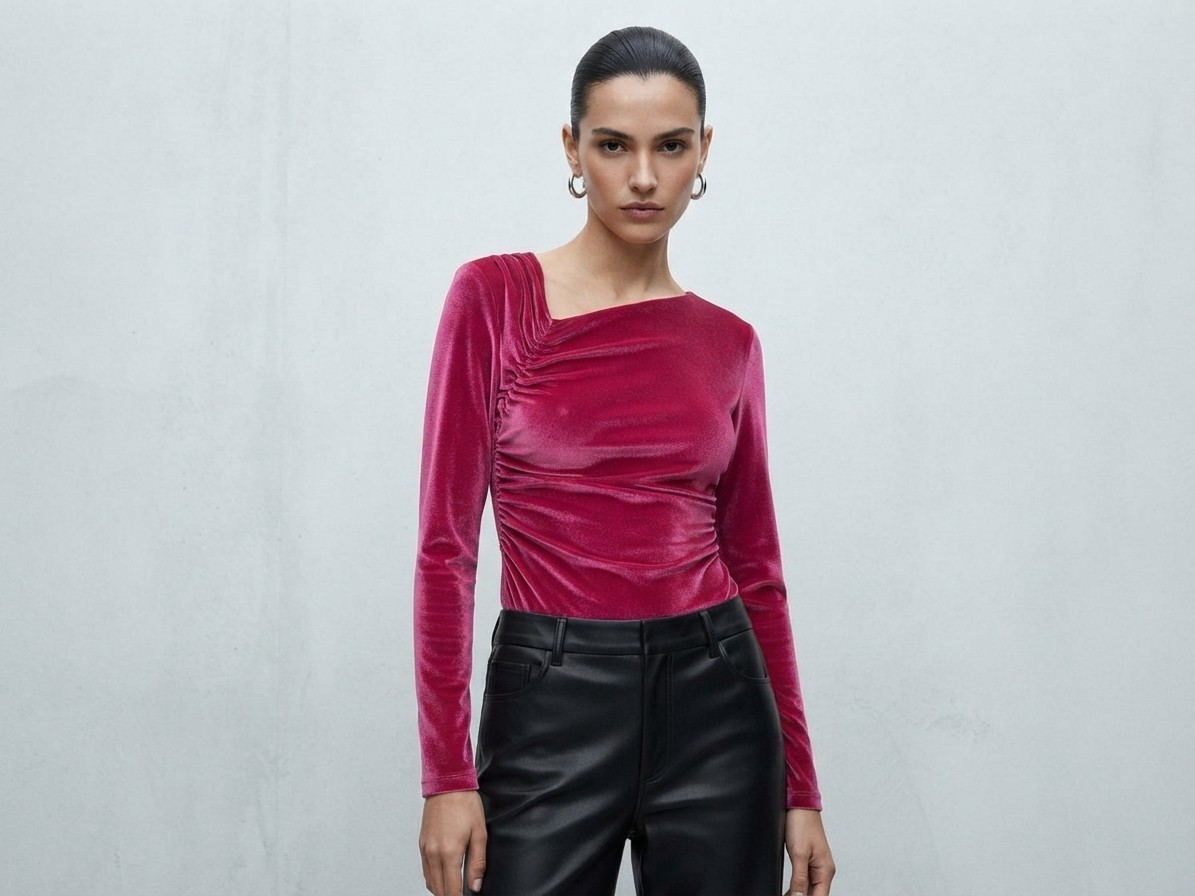 NWT Zara Velvet Bodysuit Medium M Fuchsia Pink Long Sleeve Ruched Party