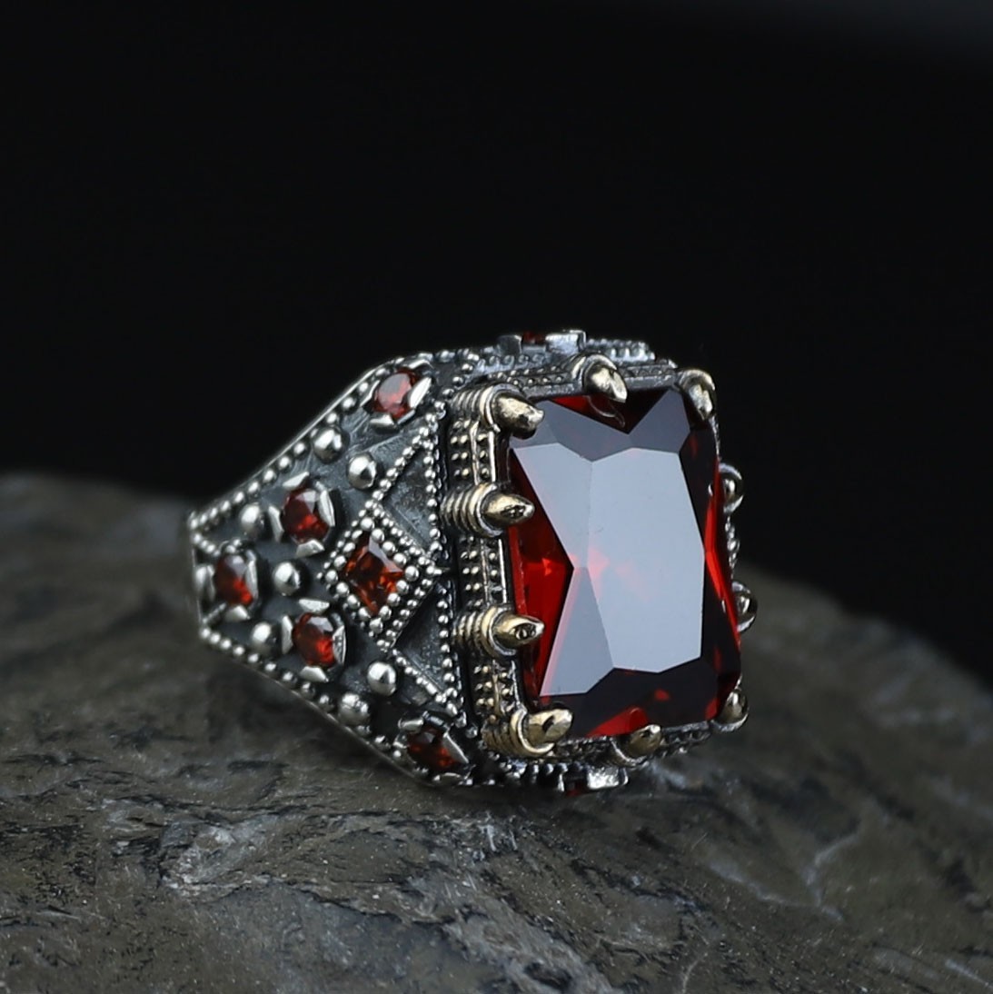 Men\'s 925 Sterling Silver Ruby Stone Ring Handmade Turkish Signet Ring