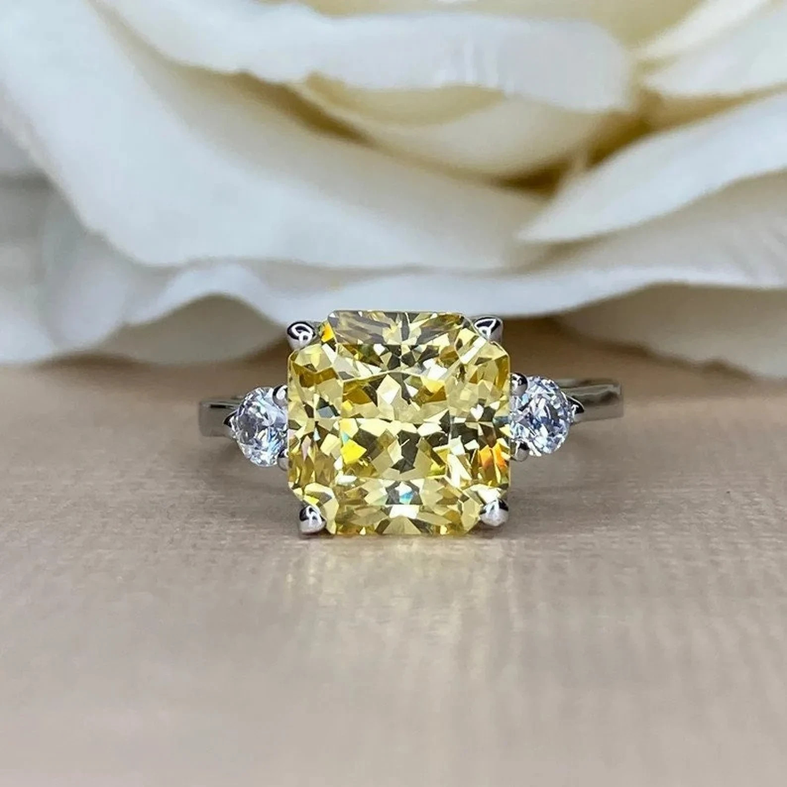 4.5 Ct Asscher Cut Natural Yellow Sapphire Diamond Wedding Ring 14K White Gold 7