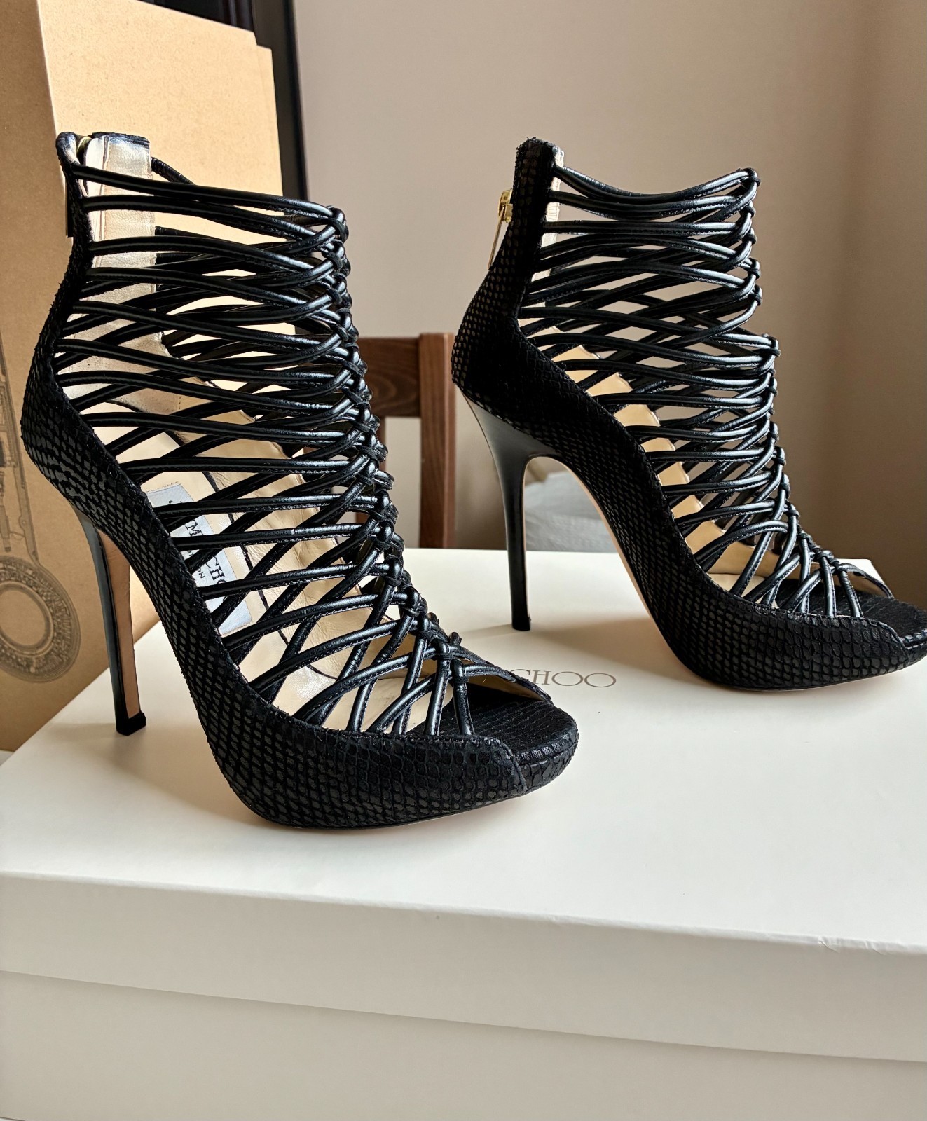 JIMMY CHOO SEXY STRAPPY HIGH HEEL SANDALS BLACK EMBOSSED LEATHER WOMEN SIZE 36.5