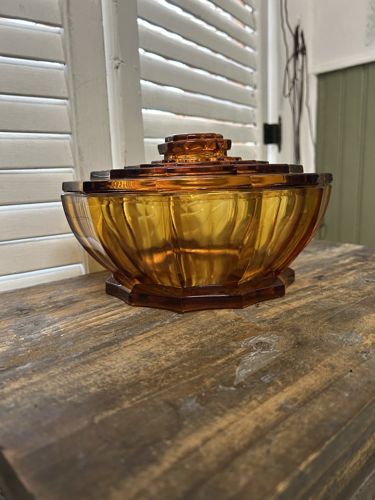 Vintage Fostoria Amber Coin Glass Octagonal Covered Candy Dish