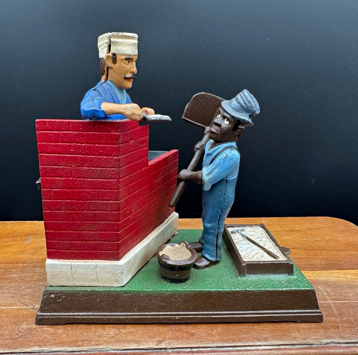 Vintage Mason Bank Cast Metal Mechanical Coin Bank w/ Mason & workers original