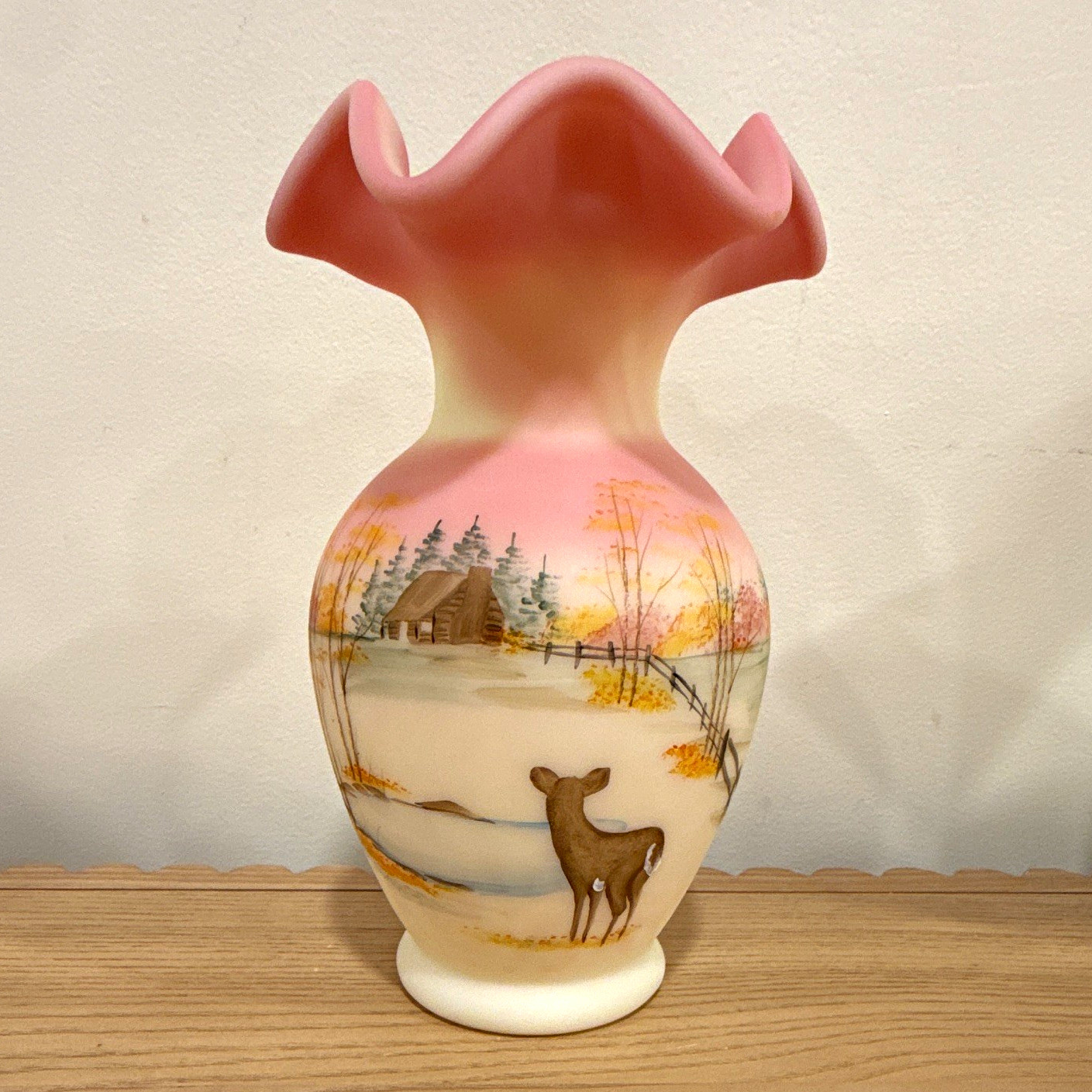 Fenton Four Seasons 2006 Hand Painted Pink Satin Glass Deer Landscape Vase #651