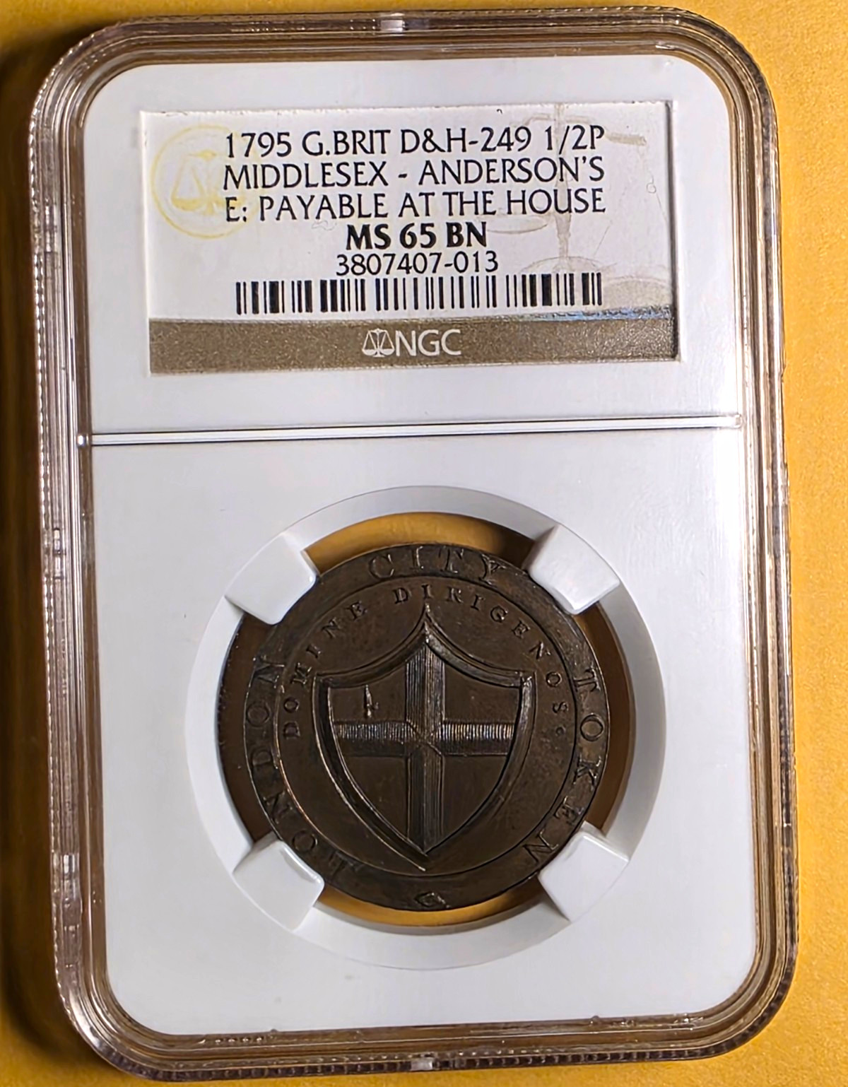 1795 Great Britain Middlesex Anderson’s 1/2P Token Copper NGC MS65 BN D&H-249