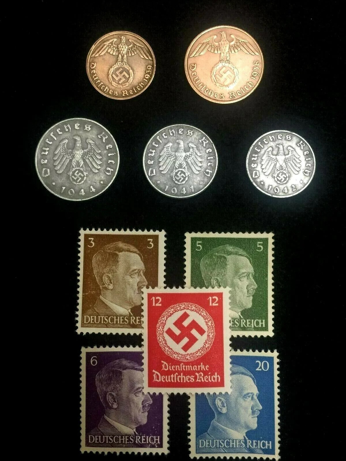 Rare WW2 German Coins & Stamps Set Of Historical Artifacts - 5 Stamps & 5 Coins