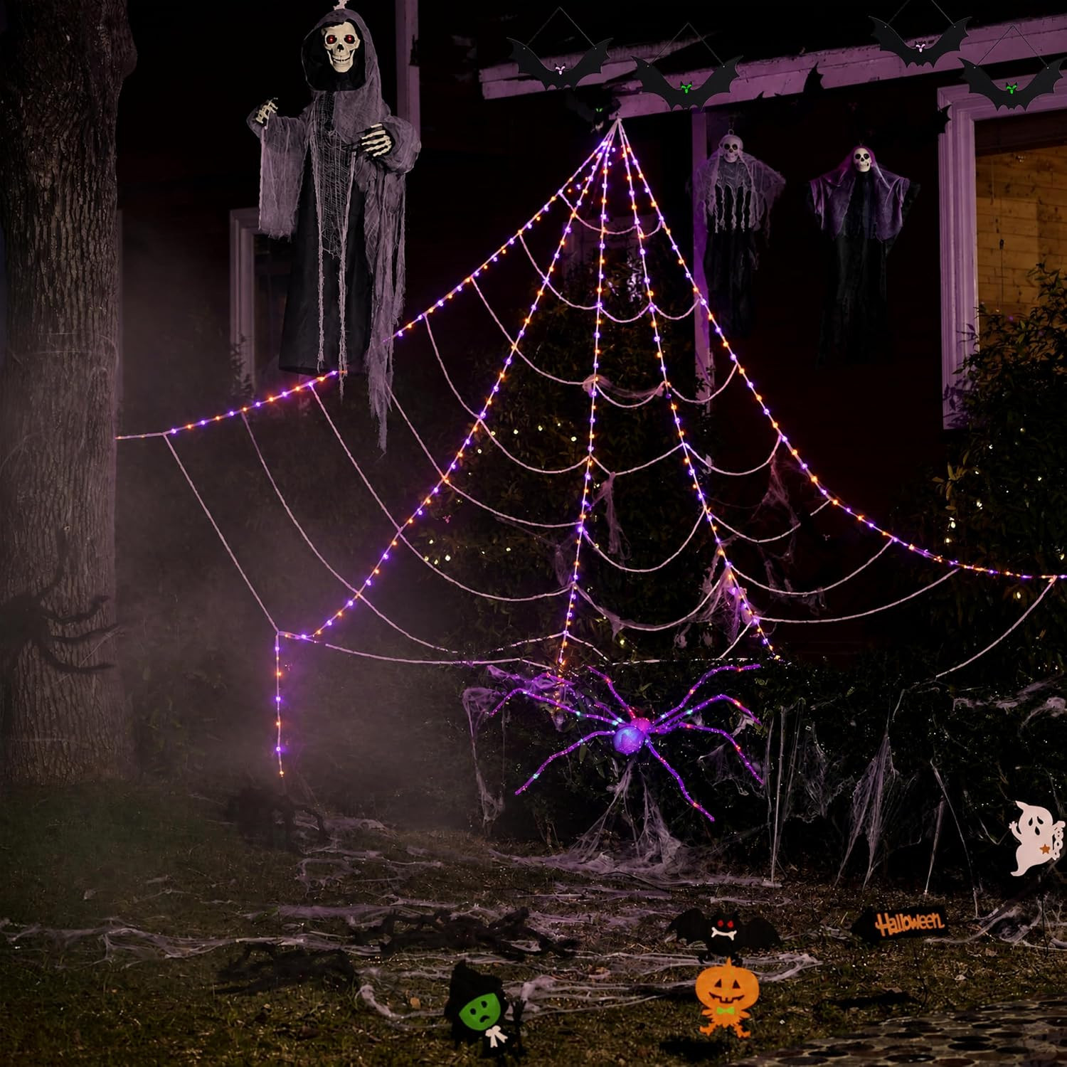 18 PCS Halloween Decor Set: Lighted Spider Web, Animated Ghost & Spiders