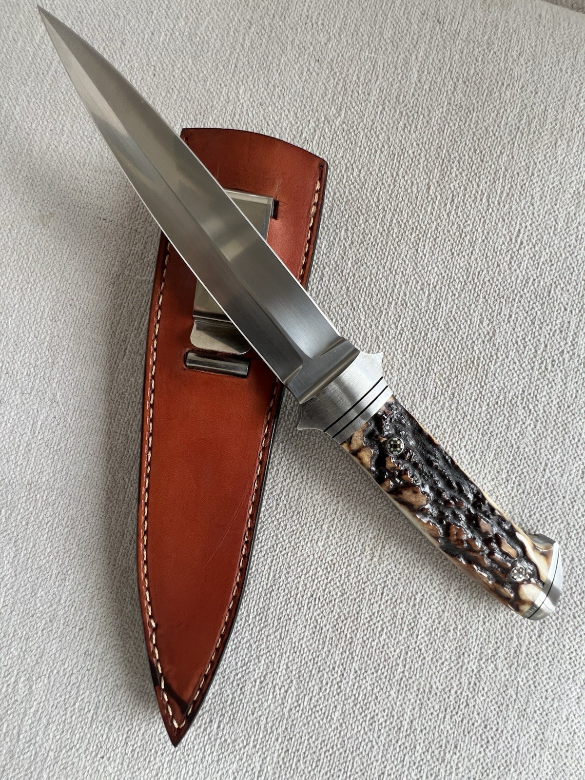 W.D. Pease “E1BC11 “ Custom FULL -INTEGRAL Knife , FB , Stag Handle & Sheath W.D. Pease “E1BC11 “ Custom FULL -INTEGRAL Knife , FB , Stag Handle & Sheath