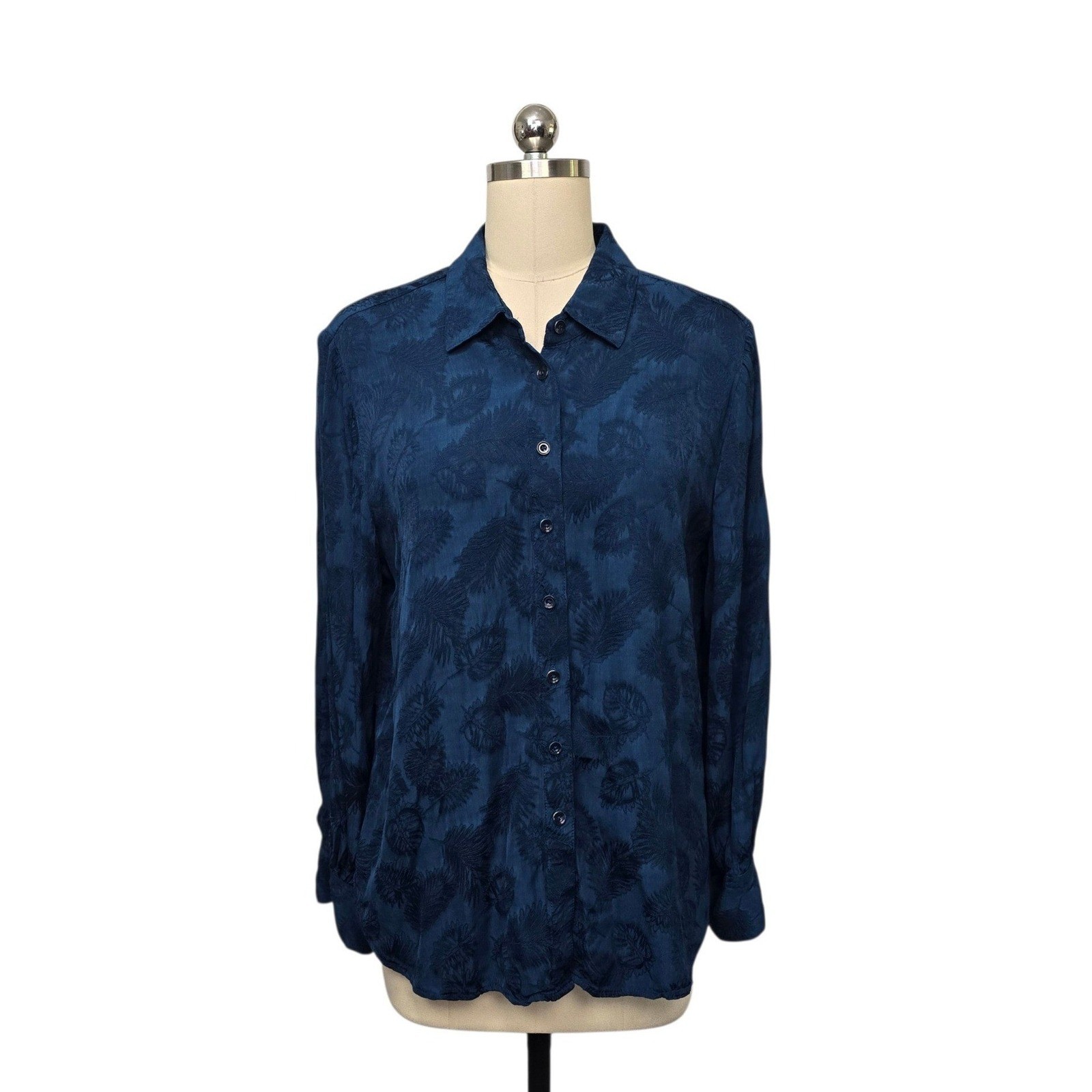 Chicos Navy Blue Jacquard Leaf Button Down Blouse Viscose Size 2.5 US 14