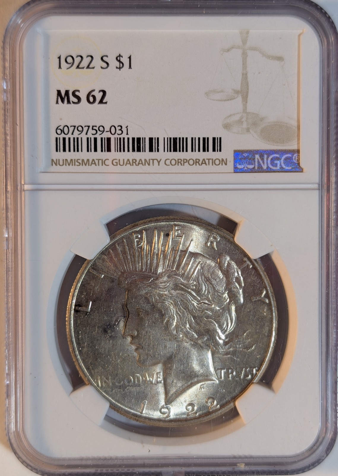 1922 S Peace Dollar NGC MS 62 Very Nice 1922 S Peace Dollar NGC MS 62 Very Nice