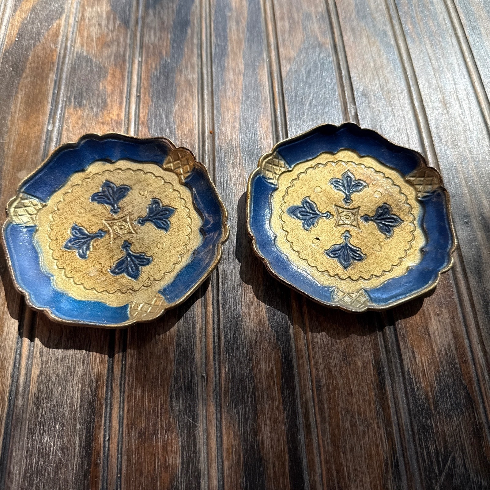 Vintage Italian Florentine Gilt Wood Coasters Pair Blue Gold 4” Italy