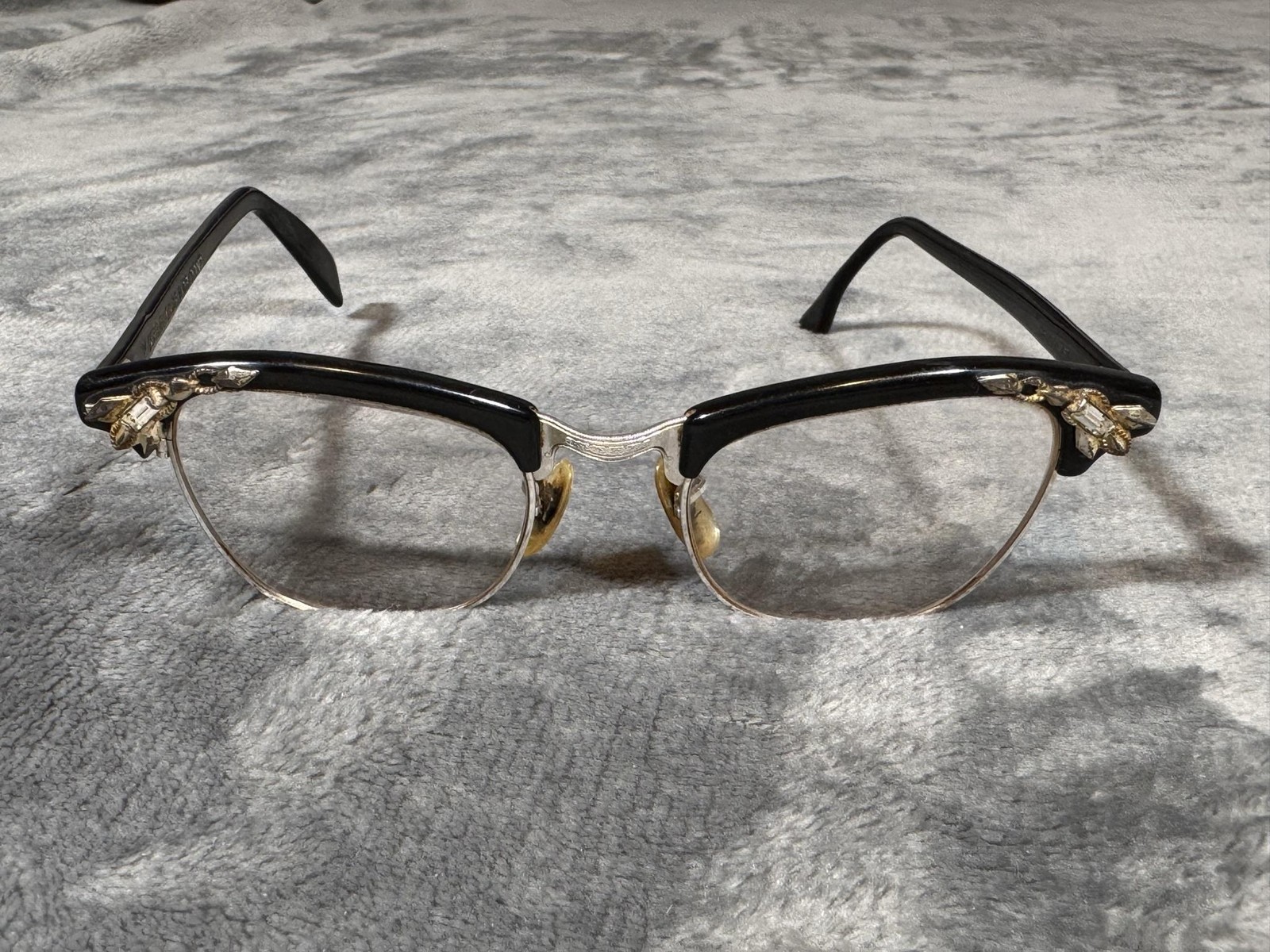 Vintage Shuron Womens Eyeglasses Frames Black Clubmaster 5 1/2 LO Rhinestone