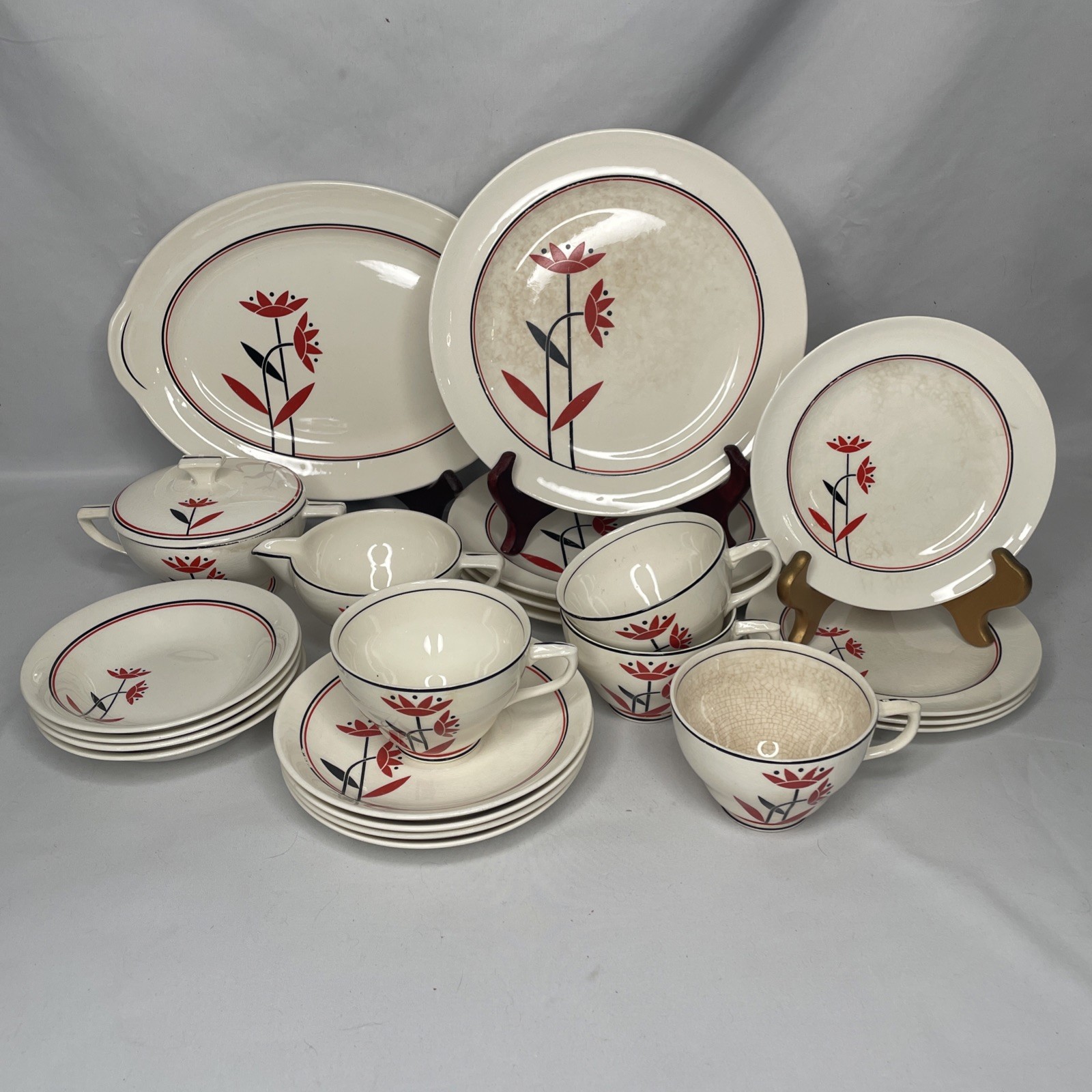 Vintage Harker Pottery Red Daisies - Full Service for 4 Plus Extras HARD TO FIND