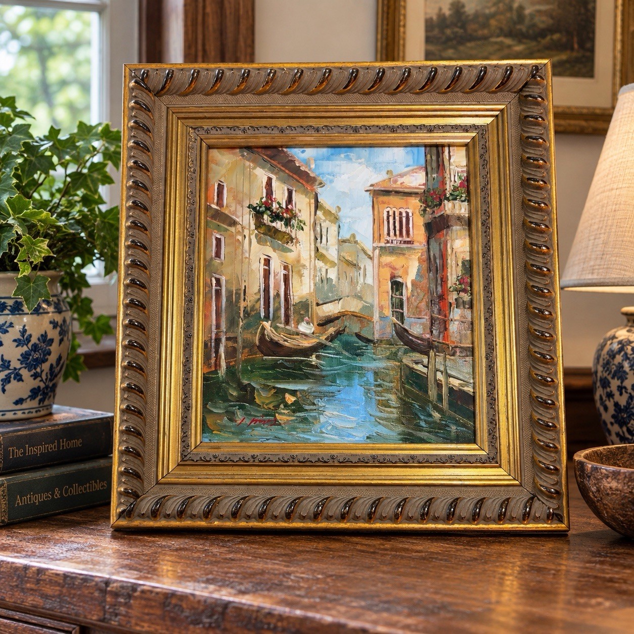 Original oil painting Venice canal scene in ornate gilt frame 15 by 13” Signed
