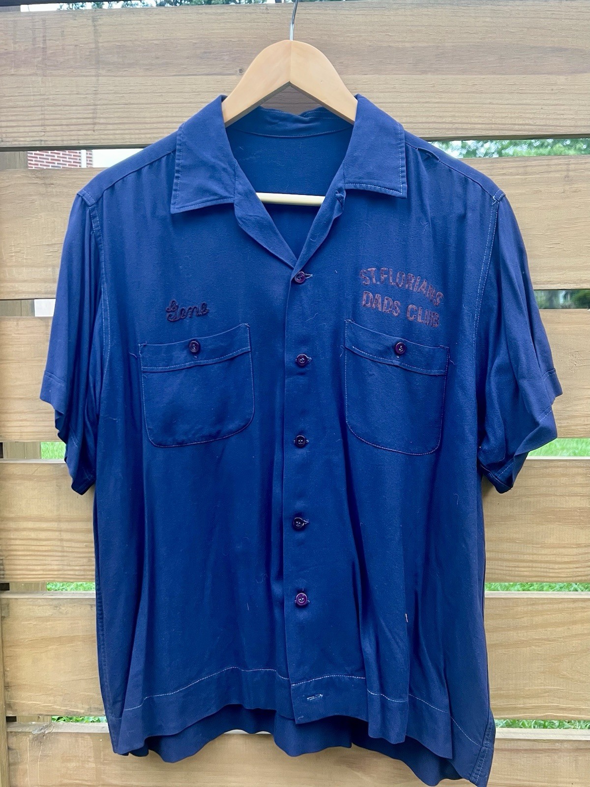 50s Chain Stitch Loop Collar Short Sleeve Rayon Shirt Men\'s L Vintage Navy Blue