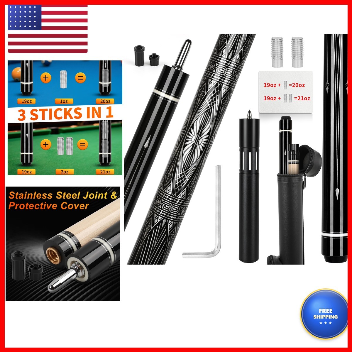 IIQ Pool Cue 2 Piece 19-21oz 58 inch Canadian Maple Wood Billiard Stick