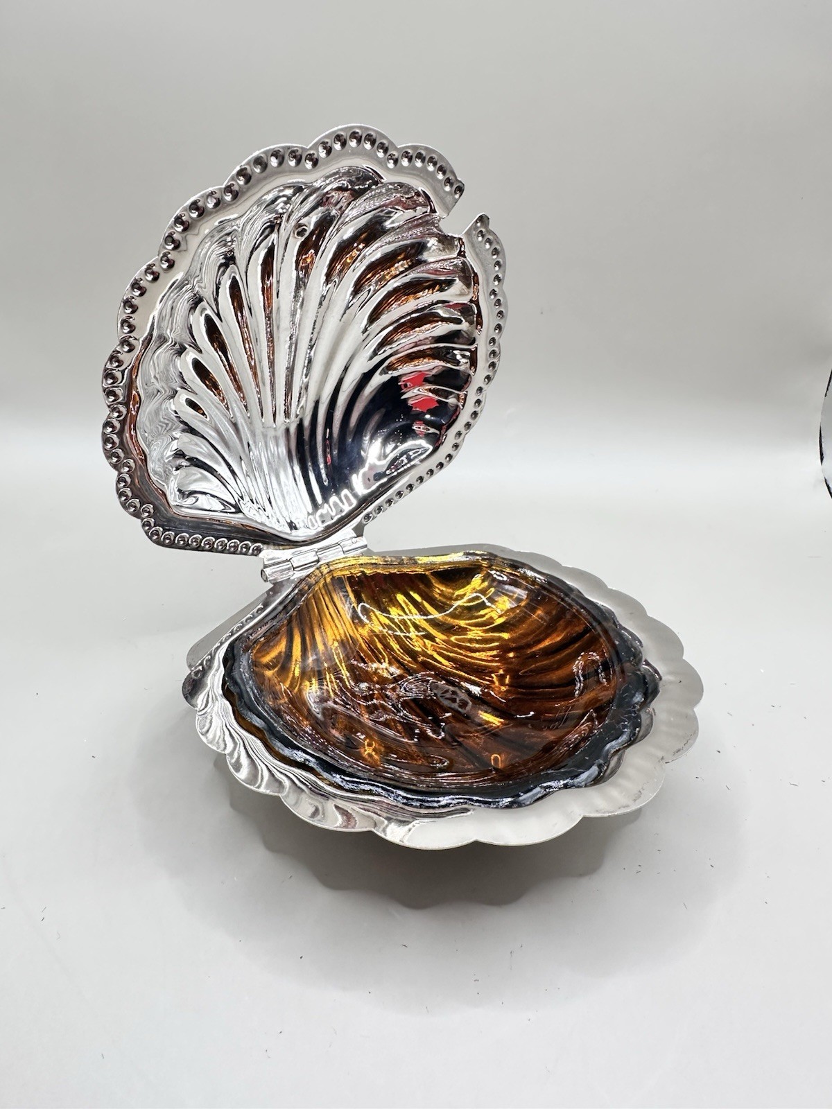 Vintage Leonard Silver Plate Clam Shell Dish Amber Glass Insert Hong Kong