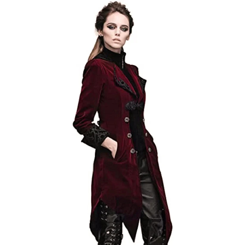 Women\'s Steampunk Swallow Tailcoat Gothic Long Winter Burgundy Velvet Coat