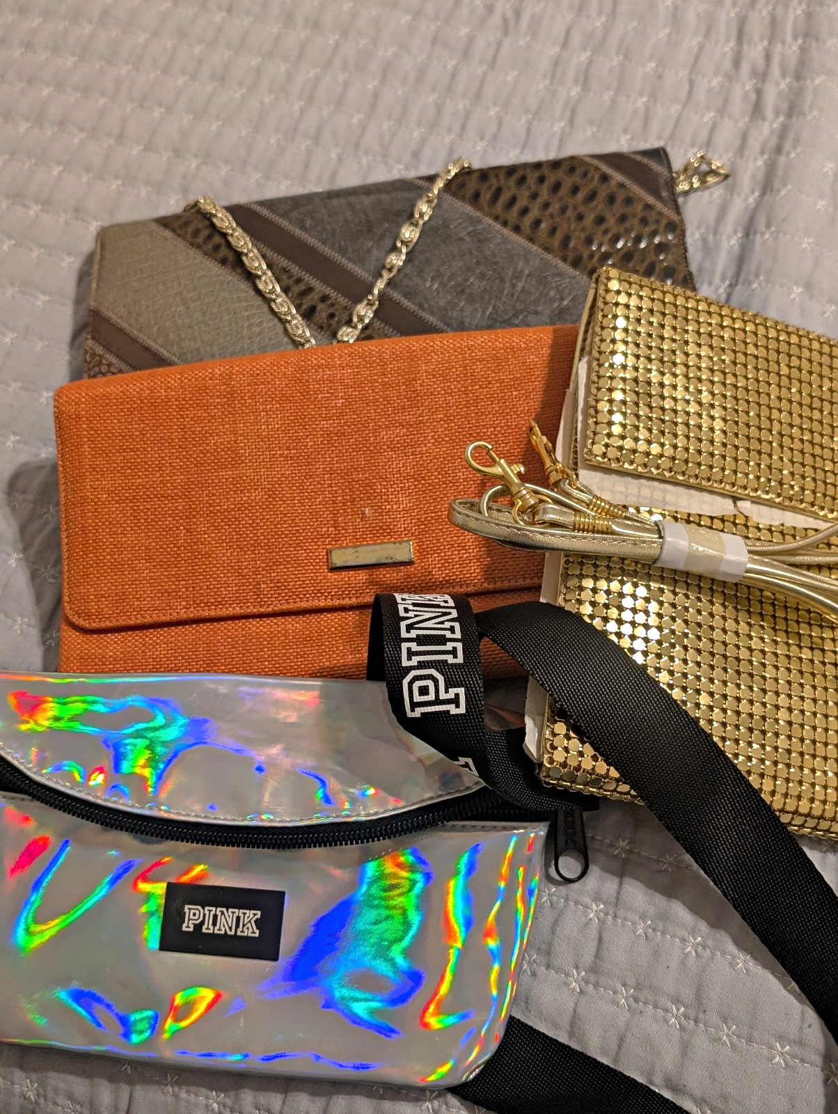 Vintage & Y2K Bag Lot (4 Pcs) VS PINK, Varon Snakeskin, Peck & Peck + Gold Mesh