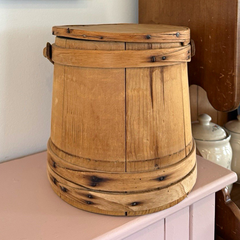 Antique Early 20th Wooden Firkin Lidded Primitive Bucket Antique Early 20th Wooden Firkin Lidded Primitive Bucket