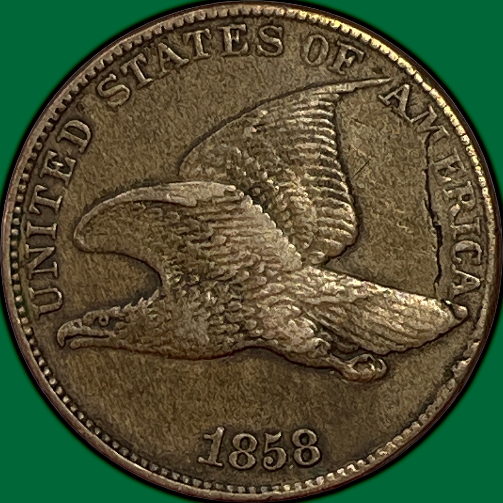 1858 LL Flying Eagle Cent Almost Uncirculated AU Coin, Cracked Planchet Error