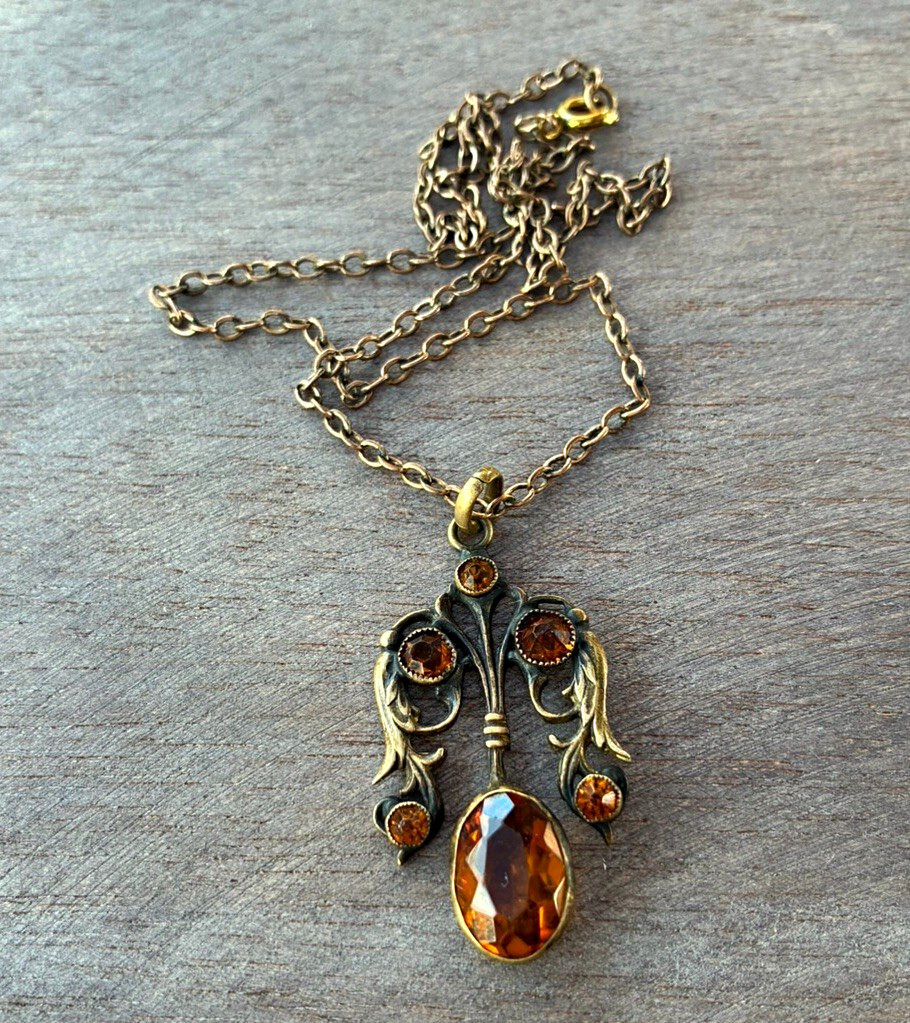 Antique art deco Czech glass lavaliere brass pendant necklace Antique art deco Czech glass lavaliere brass pendant necklace