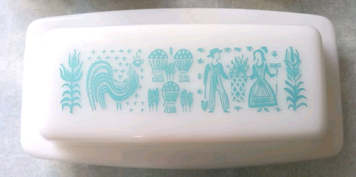 Vintage 60s PYREX Turquoise Amish Butterprint Covered Butter Dish With Lid Vintage 60s PYREX Turquoise Amish Butterprint Covered Butter Dish With Lid