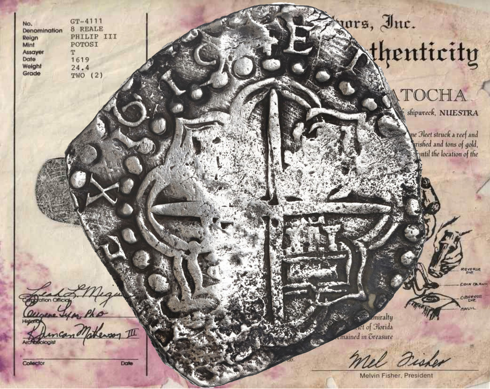 1619 FULLY DATED  PCGS ATOCHA 1622 SHIPWRECK MEL FISHER COA BOLIVIA 8 REALES