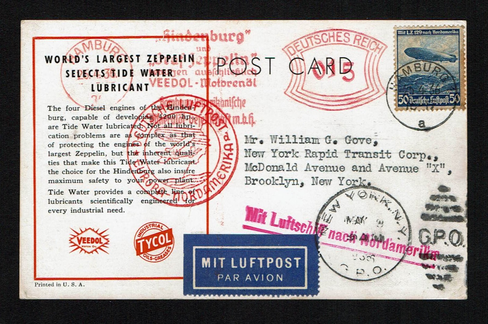 1936 POSTCARD CARRIED ON FIRST FLIGHT OF THE HINDENBURG - EXC COND. (SEE SCANS)