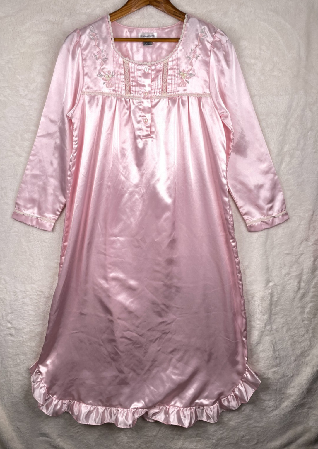 Vtg Fundamentals Pink Satin Nightgown Womens XS Long Ruffle CottageCore  USA