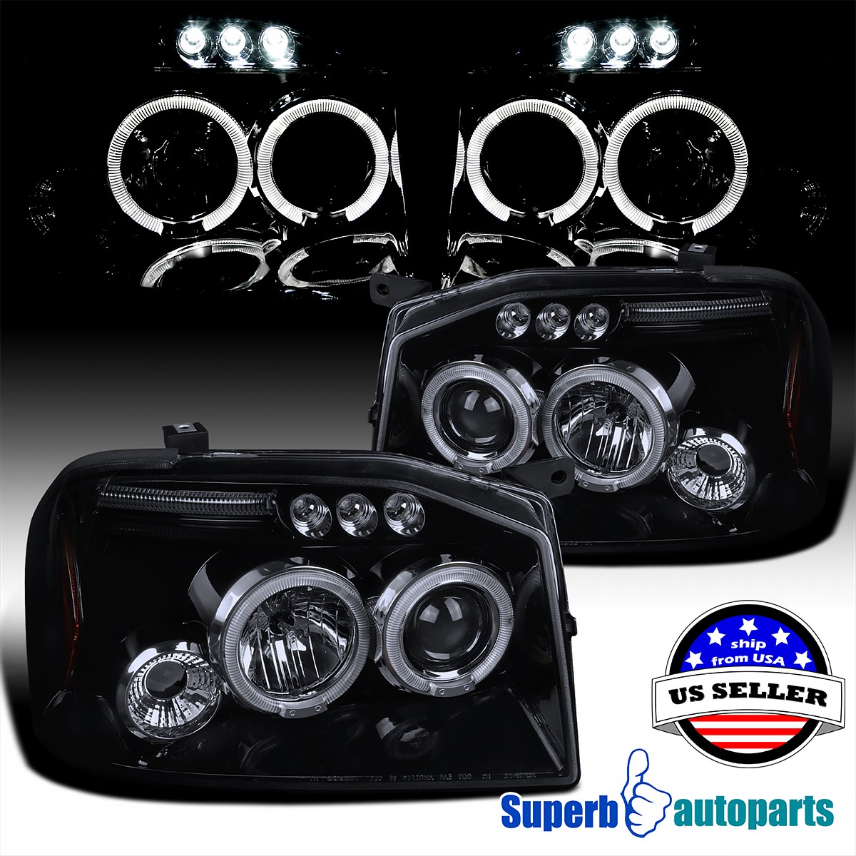 Fits 2001-2004 Frontier Twin Halo + LED Black Smoke Projector Headlights Fits 2001-2004 Frontier Twin Halo + LED Black Smoke Projector Headlights
