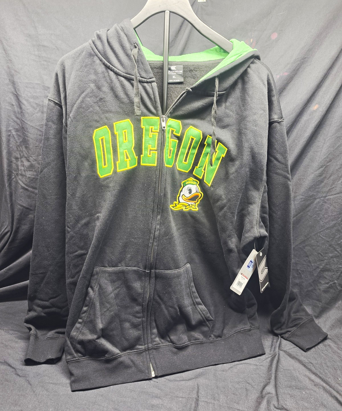 NWT Colosseum Oregon Ducks Hoodie Men\'s XL Black Full Zip Green Lining NCAA