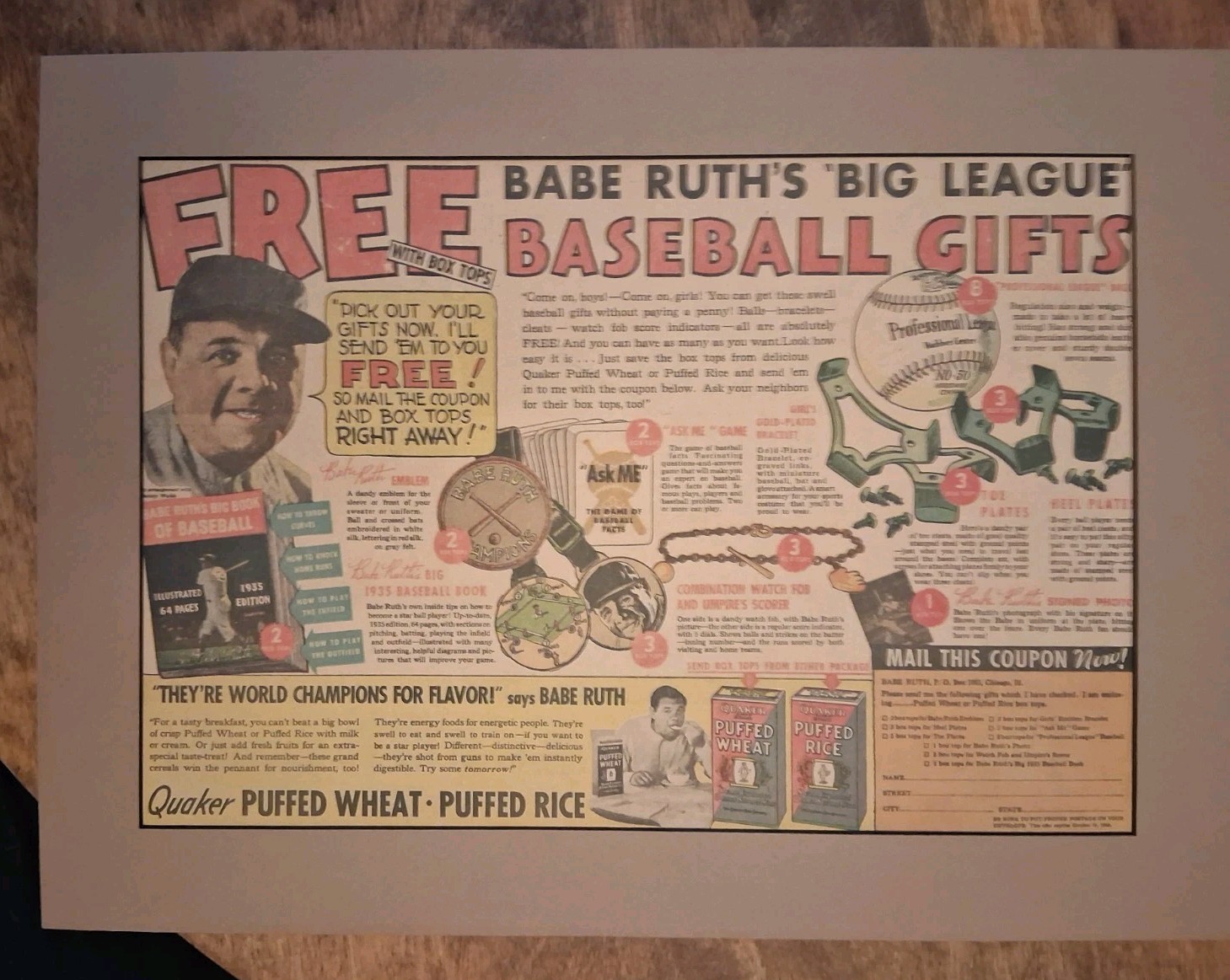 1934 Babe Ruth Quaker Puffed Rice Advertisiement 12x16 Original