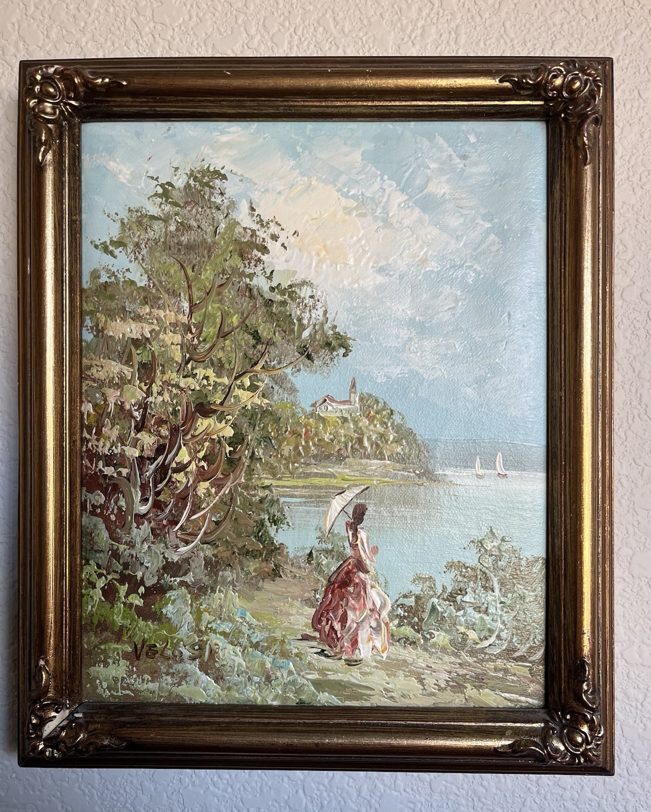 MEDITERRANEAN SEACAPE OIL PAINTING ART SIGNED Velosi WOOD FRAME MEDITERRANEAN SEACAPE OIL PAINTING ART SIGNED Velosi WOOD FRAME