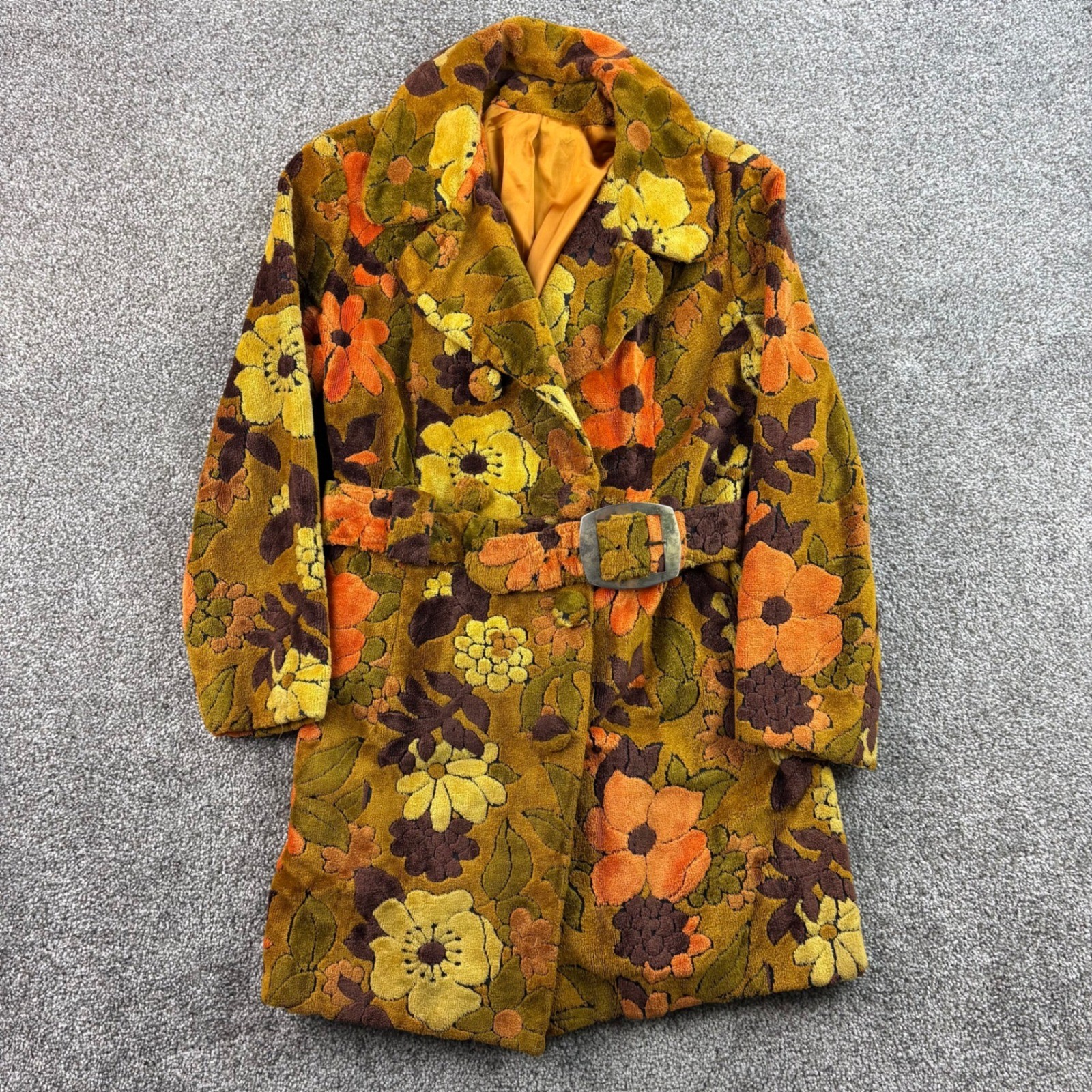 Vintage 50s Floral Chenille Coat Women\'s M Fall Tones Rug Belted Mod Retro Swing