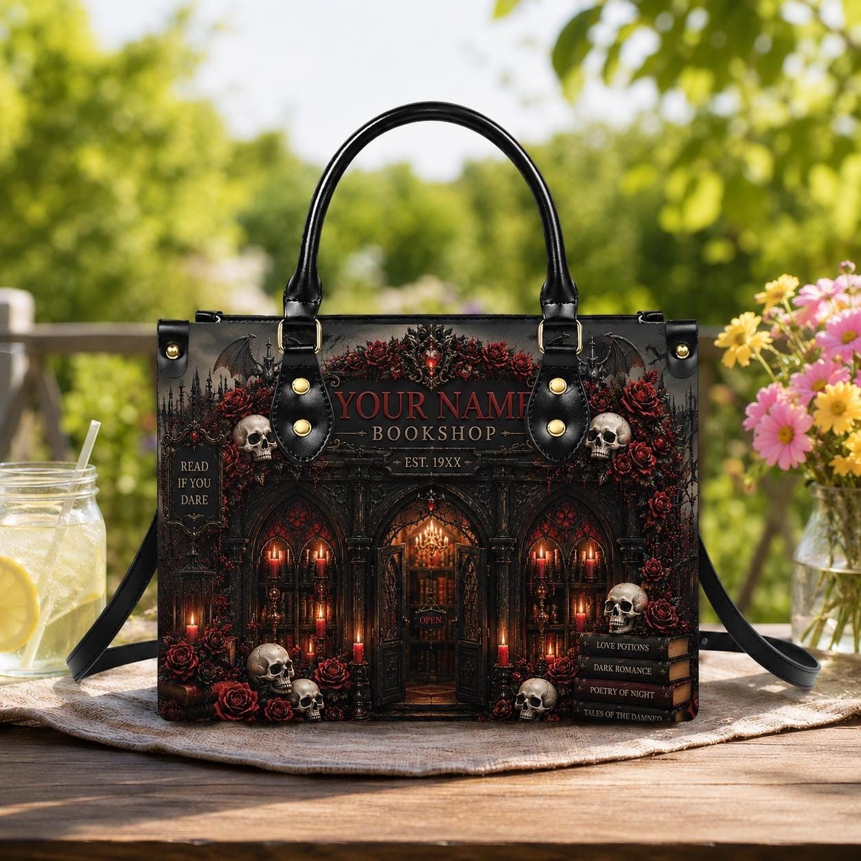 Personalized Gothic Bookshop Leather Handbag, Custom Name Dark Academia Bag