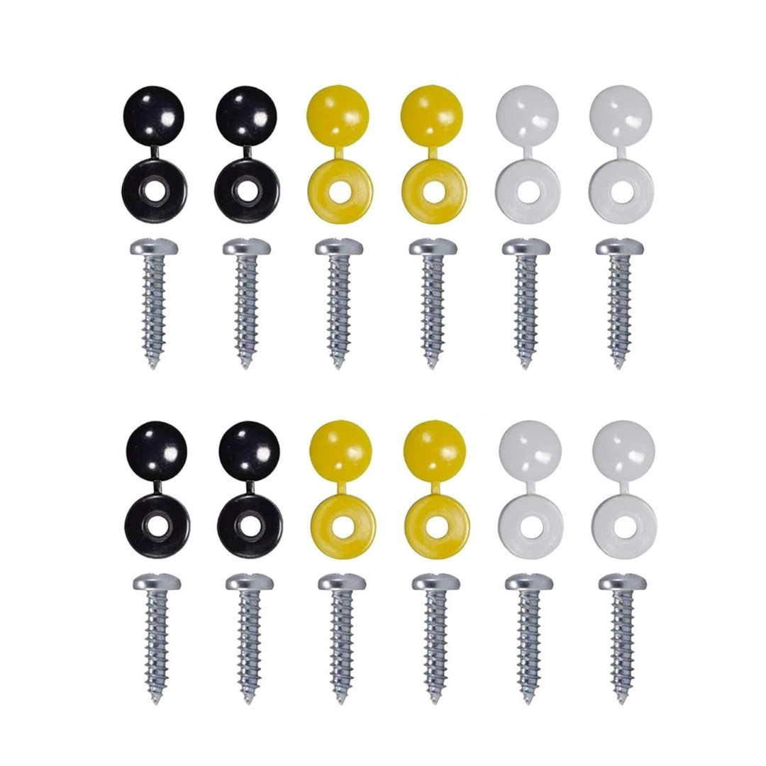 6 x NUMBER PLATE CAR FIXING FITTING KIT SCREWS CAPS HINGED BLACK YELLOW WHITE