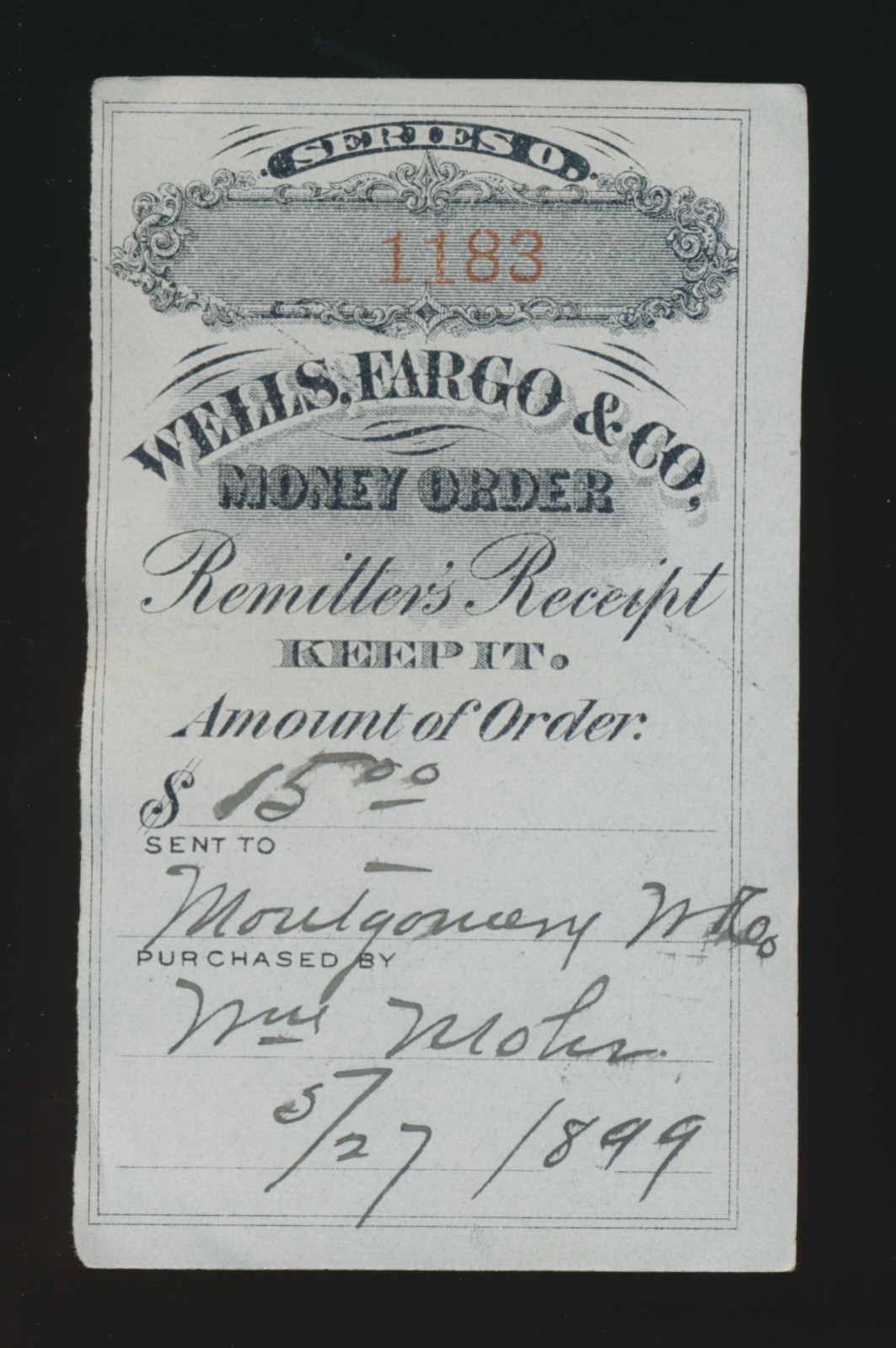 1899 Wells Fargo Money Order Remitter\'s Receipt Series O to Montgomery Ward Co
