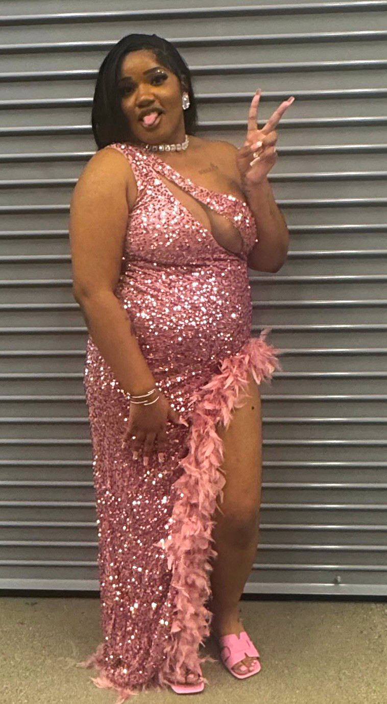 Women’s Pink Sequin One-Shoulder Cutout Gown Feather Trim High Slit Long 