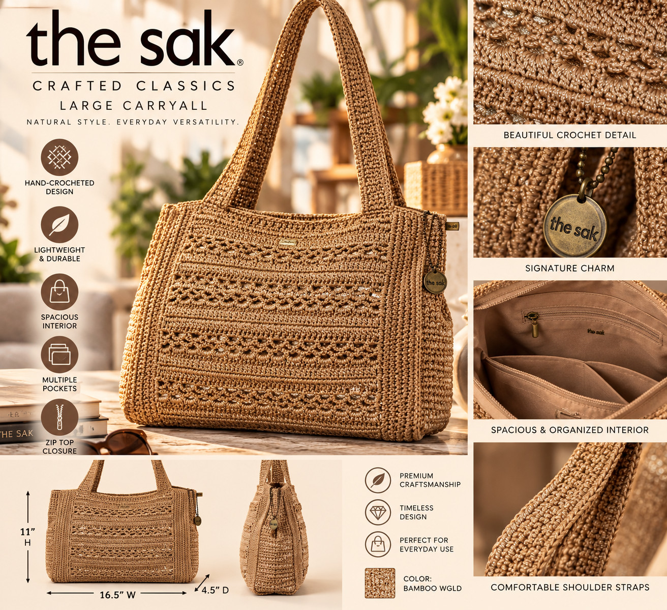 The Sak Crafted Classics Large Carryall Bamboo Gold Crochet Shoulder Bag NWT
