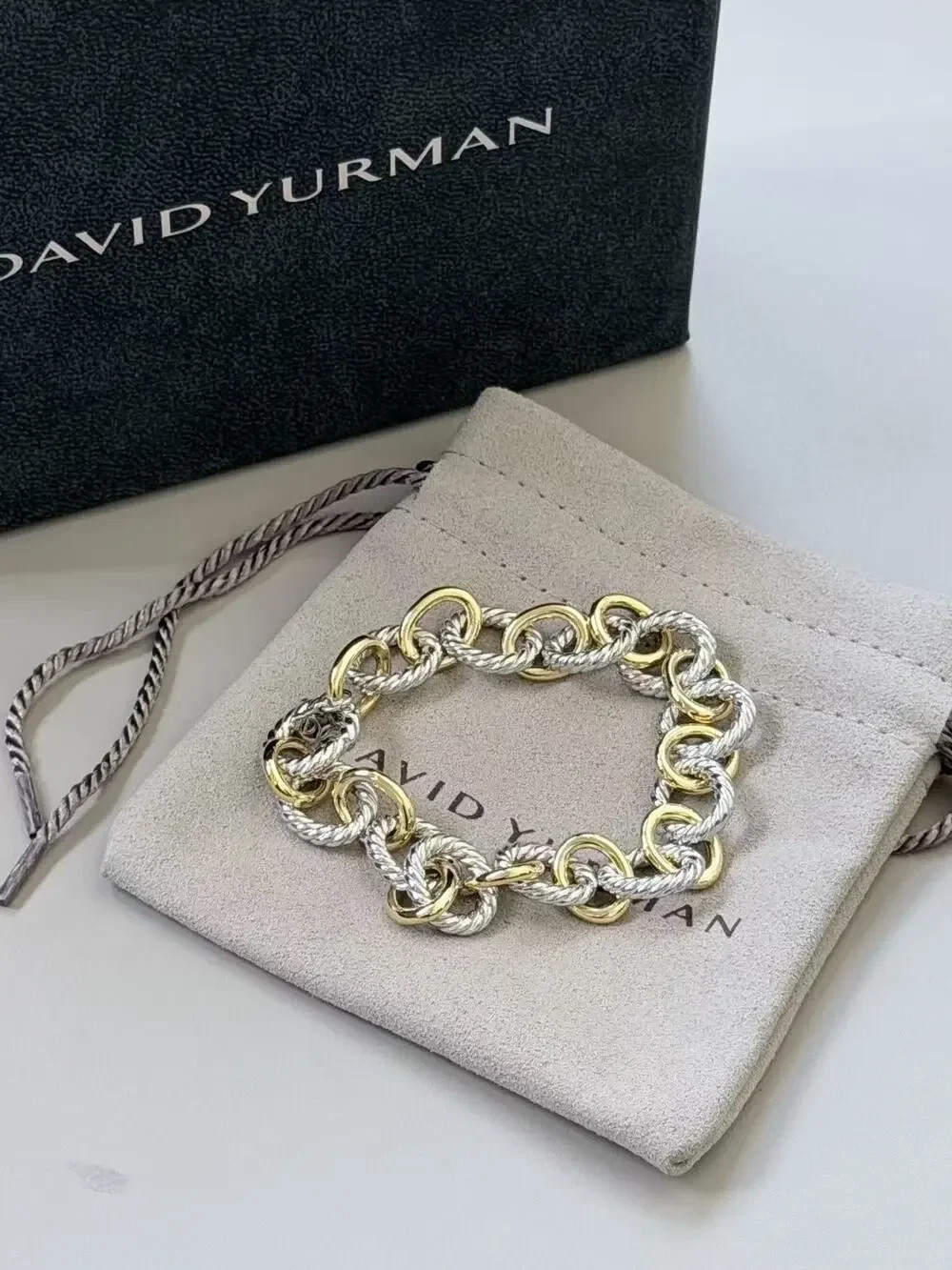 David Yurman silver 18k Gold Bracelet 12mm 7.5” Oval Link Chain 2 Tone Mixed
