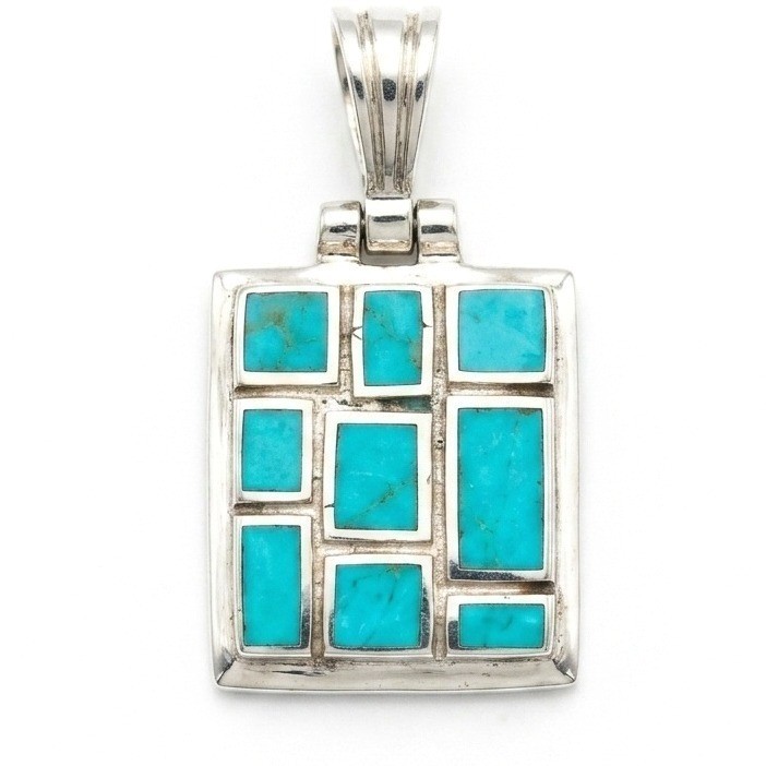 Vintage NOS 925 Sterling Silver Turquoise Channel Inlay Rectangular Pendant Vintage NOS 925 Sterling Silver Turquoise Channel Inlay Rectangular Pendant