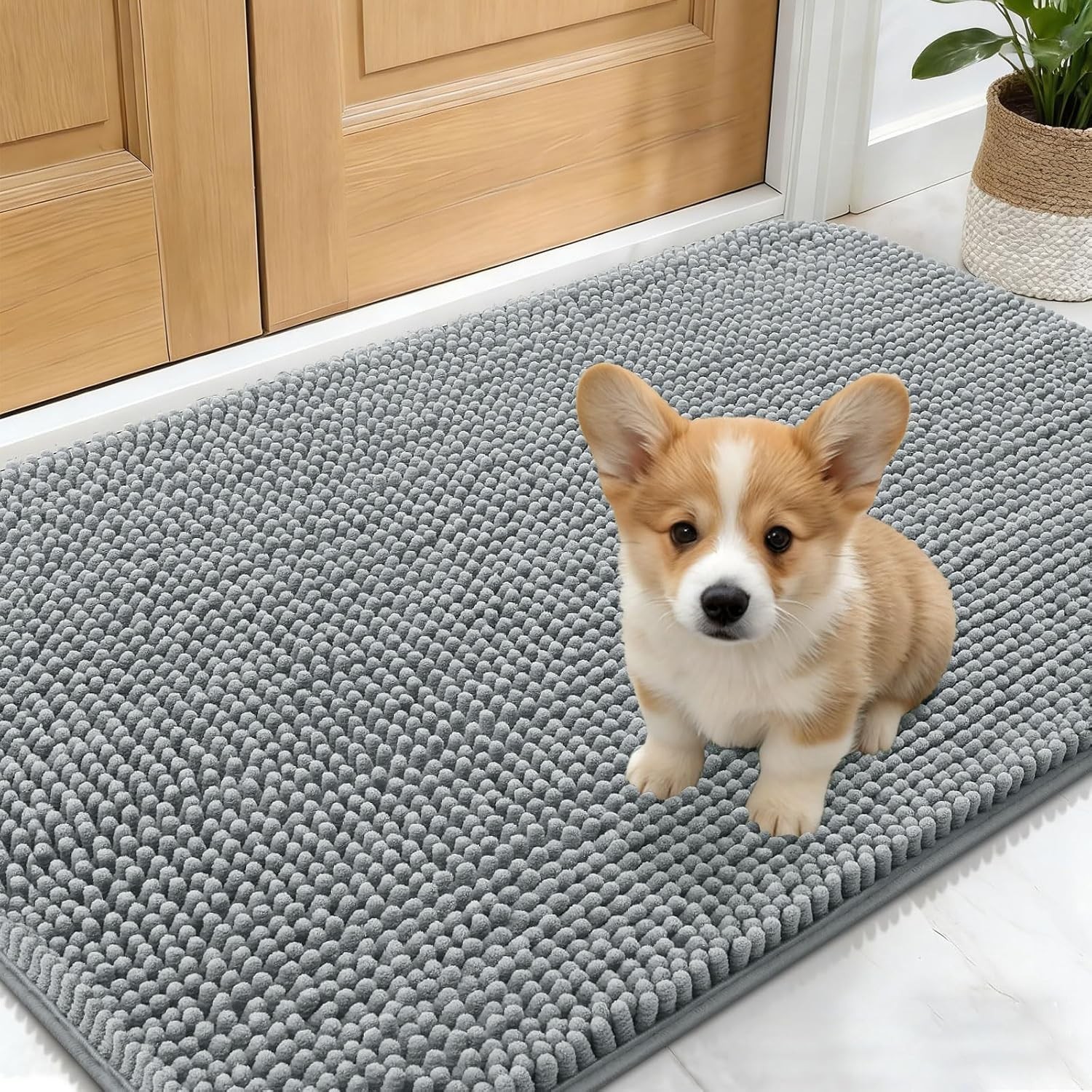 Functional Chenille Dog Mat 24x16 - Absorbs Dirt & Moisture, Machine Washable