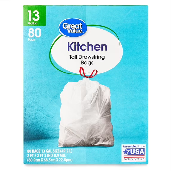 Great Value 13-Gallon Tall Kitchen Drawstring Trash Bags, 80 Count 