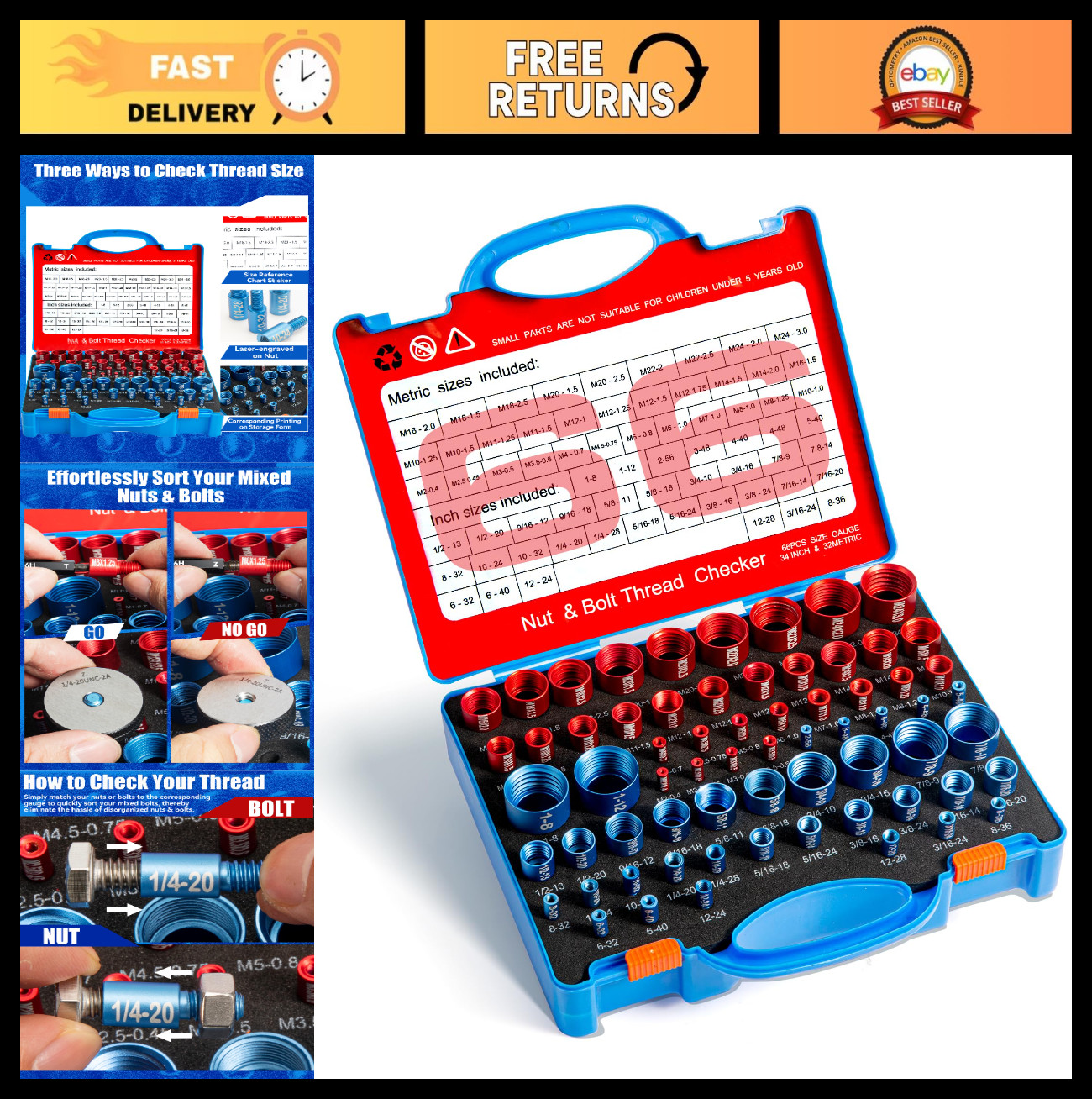 66 Nut & Bolt Thread Checker - 32 Metric & 34 Standard Gauges, Screw Size Finder
