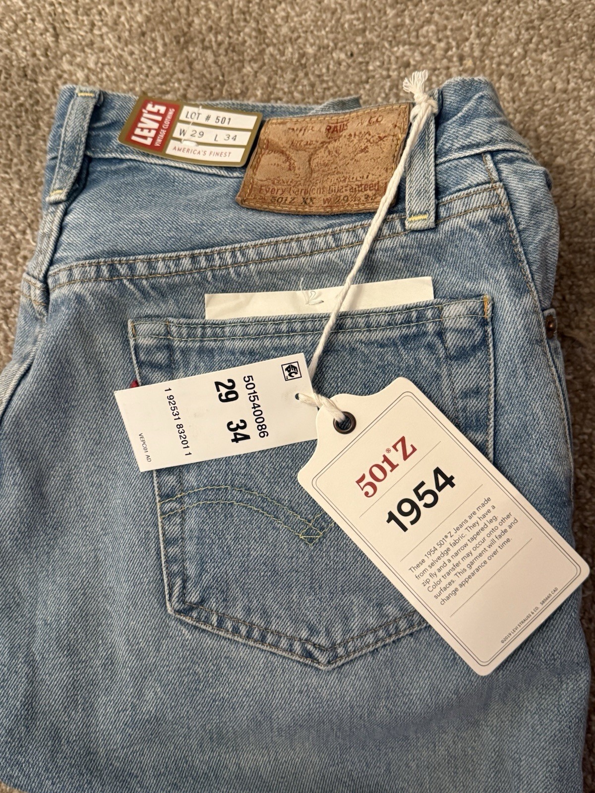 NWT Levi\'s Vintage Clothing LVC 1954 501Z XX Selvedge Jeans W29 L34